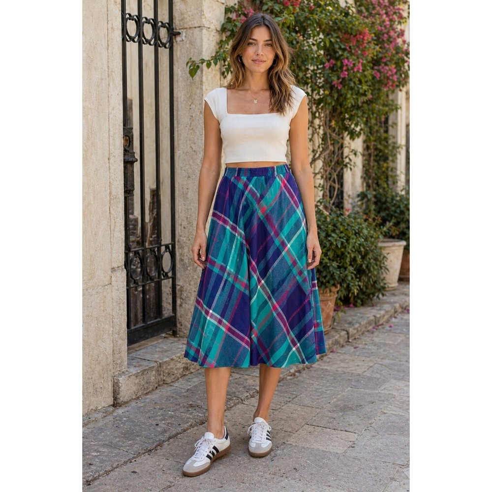 VTG 80's Tan Jay Plaid Midi Skirt 12 Teal Purple Pink A-Line USA Preppy YY18